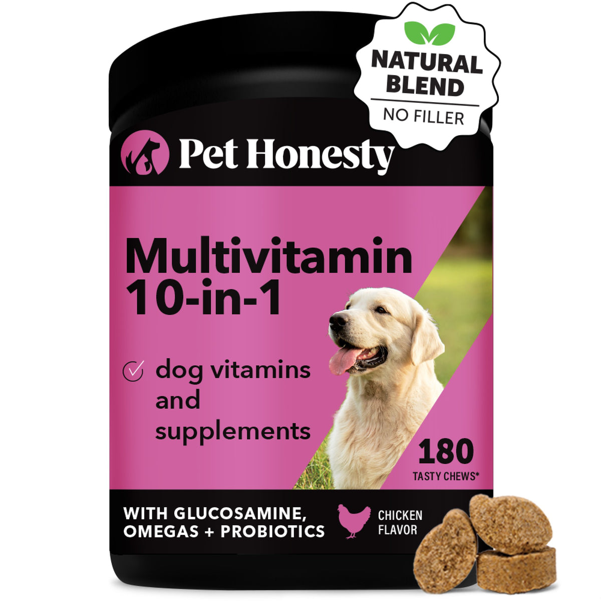 Pet Honesty Multivitamin 10-in-1, sabor Pollo, bote individual de 180 masticables, Chewy SKU PH-845422
