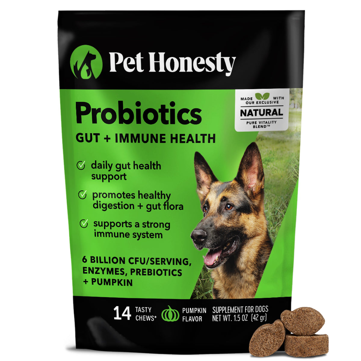 Pet Honesty Gut + Immune Health sabor Calabaza, bolsa individual de 14 masticables (42 g), SKU PH-966846