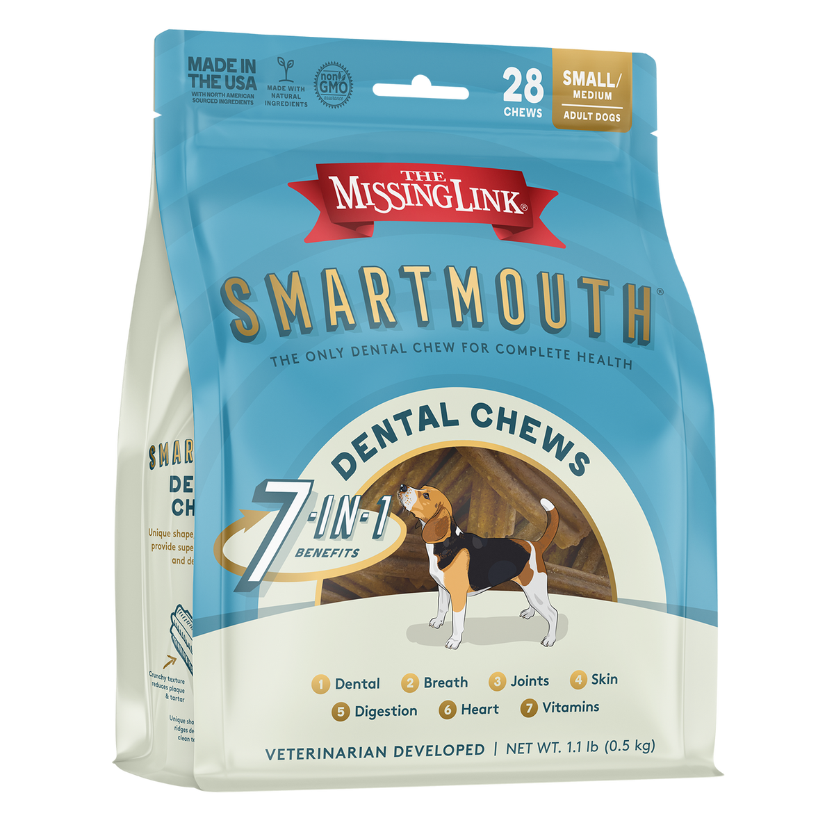 The Missing Link Smartmouth, pequeño y mediano, 28 masticables, empaque oficial