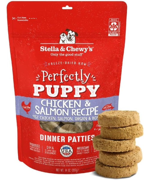 Stella & Chewy's, Dinner Patties Perfectly Puppy Chicken and Salmon Recipe. 156 y 397 gr.