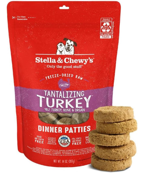 Stella & Chewy's, Dinner Patties Turkey Recipe Freeze Dried Puppy and Dog. 156 y 397 gr.