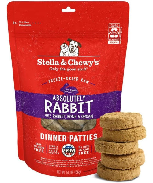 Stella & Chewy's, Dinner Patties Absolutely Rabbit Recipe Freeze Dried. 156, 397 y 709 gr.