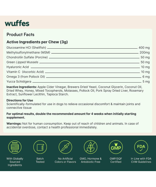 Wuffes, Hip and Joint Supplement para perros de 16 a 29 kg. 60 chews.