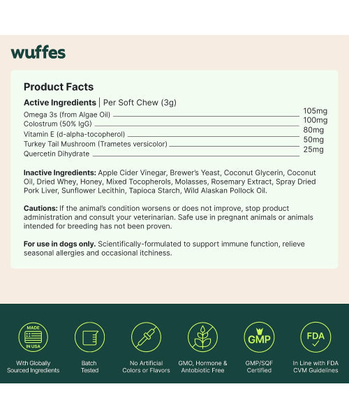 Wuffes, Allergy and Itch con Colostrum para Perros, sabor Puerco. 60 chews