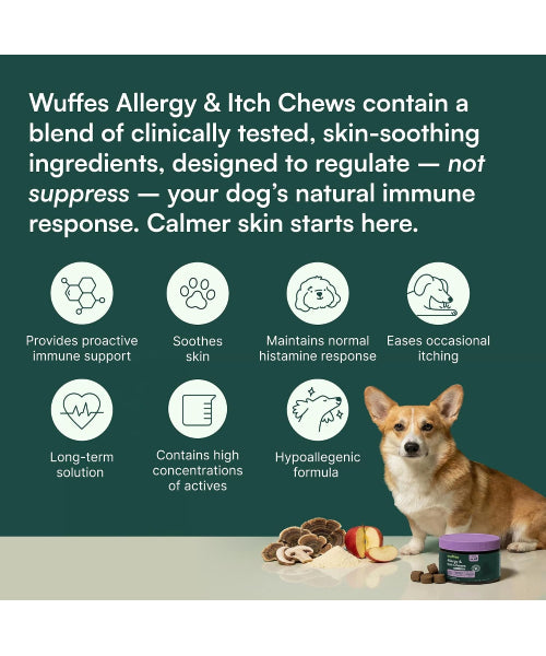Wuffes, Allergy and Itch con Colostrum para Perros, sabor Puerco. 60 chews