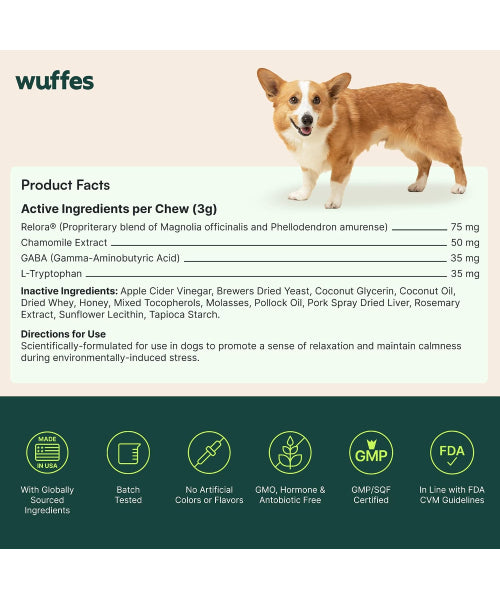 Wuffes, Calming Chews Supplement for Stress Sedative Free para Perros. 60 chews
