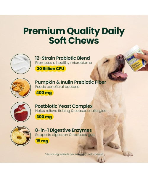 Boops Pets, Pre, Pro and Postbiotics for Dogs, 30 Billion. 90 chews