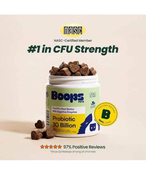 Boops Pets, Pre, Pro and Postbiotics for Dogs, 30 Billion. 90 chews