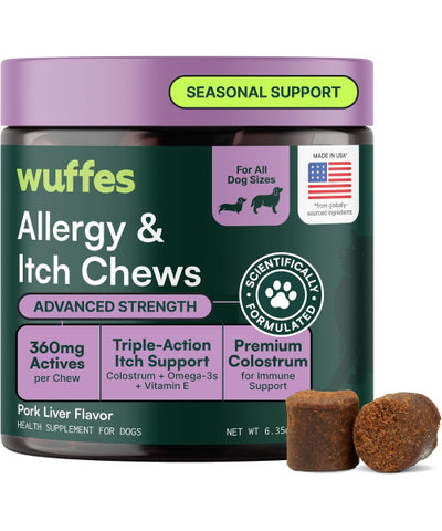 Wuffes, Allergy and Itch con Colostrum para Perros, sabor Puerco. 60 chews