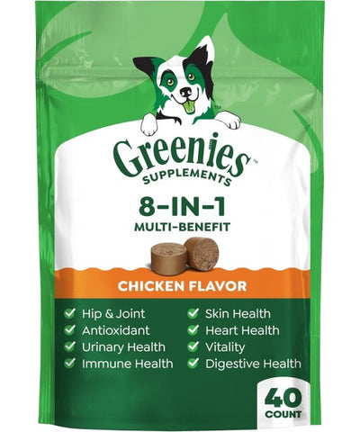 Greenies, Supplements 8 in 1 Multi Benefit sabor Pollo. 40 y 80 chews