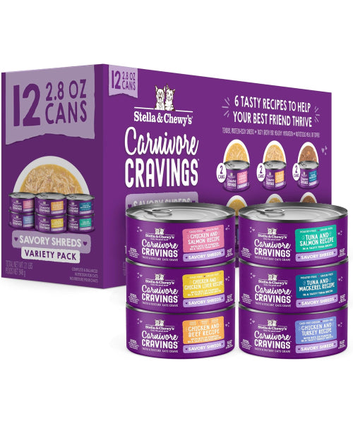Stella & Chewy's, Carnivore Cravings Savory Shreds, comida húmeda, 7 variedades. 12 latas de 79 gr.