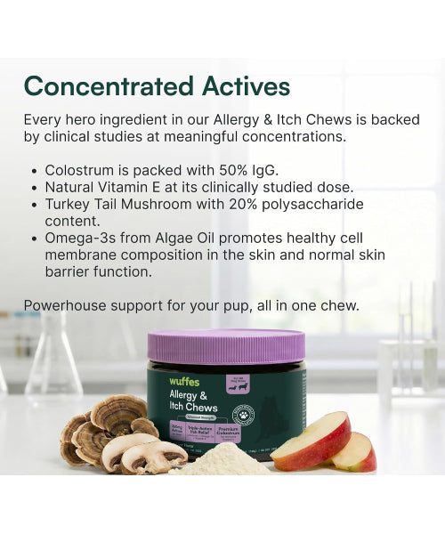 Wuffes, Allergy and Itch con Colostrum para Perros, sabor Puerco. 60 chews