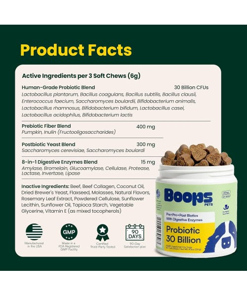 Boops Pets, Pre, Pro and Postbiotics for Dogs, 30 Billion. 90 chews