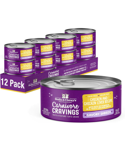 Stella & Chewy's, Carnivore Cravings Savory Shreds, comida húmeda, 7 variedades. 12 latas de 79 gr.