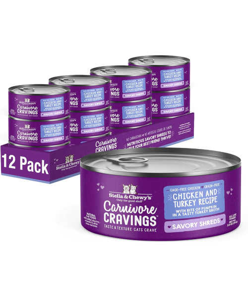 Stella & Chewy's, Carnivore Cravings Savory Shreds, comida húmeda, 7 variedades. 12 latas de 79 gr.