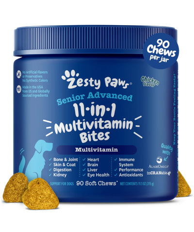 Zesty Paws, Senior Advanced Multivitamínico 11 en 1 para Perros, sabor Pollo. 90 y 180 chews