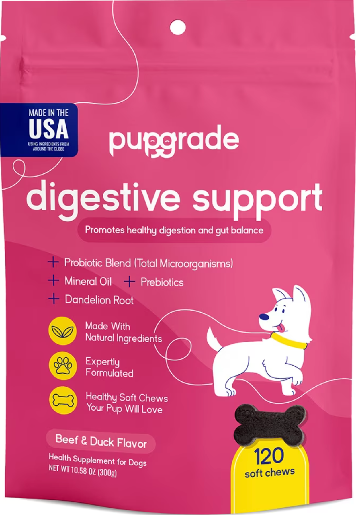 PupGrade, Suplemento para el apoyo de la salud digestiva en perros, sabor Pato 120 uds.