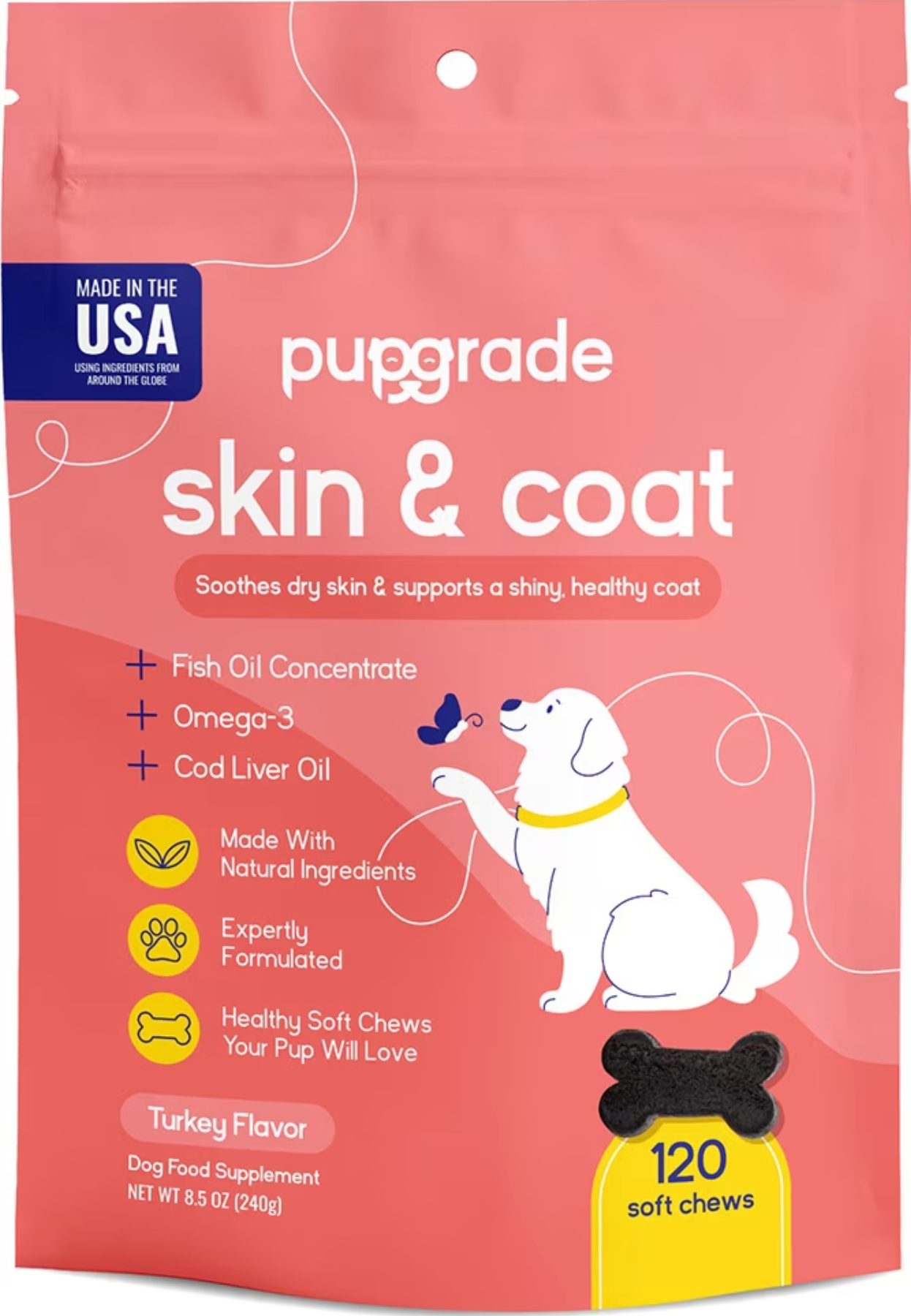 PupGrade, Omega-3 para la piel y el pelaje de perros, sabor Pavo, 120 uds.