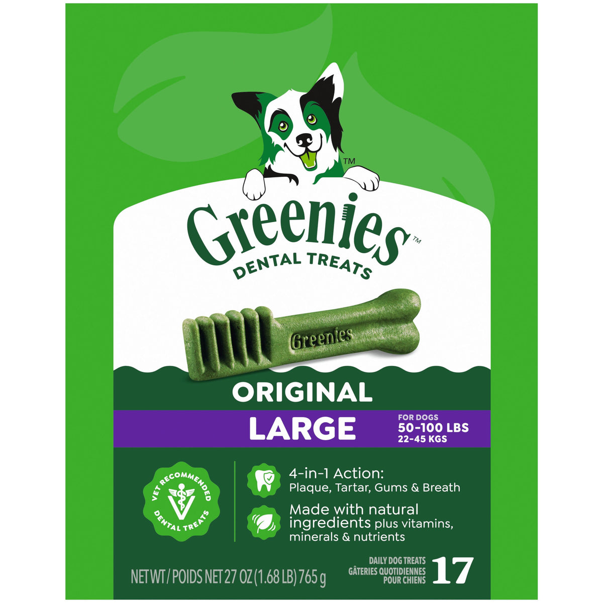 Greenies Original Large, sabor pollo, empaque frontal de 17 unidades