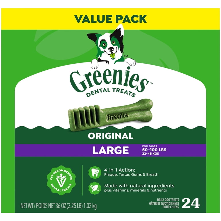 Greenies Original Large para perros, sabor pollo, empaque frontal de 24 unidades, 1.02 kg