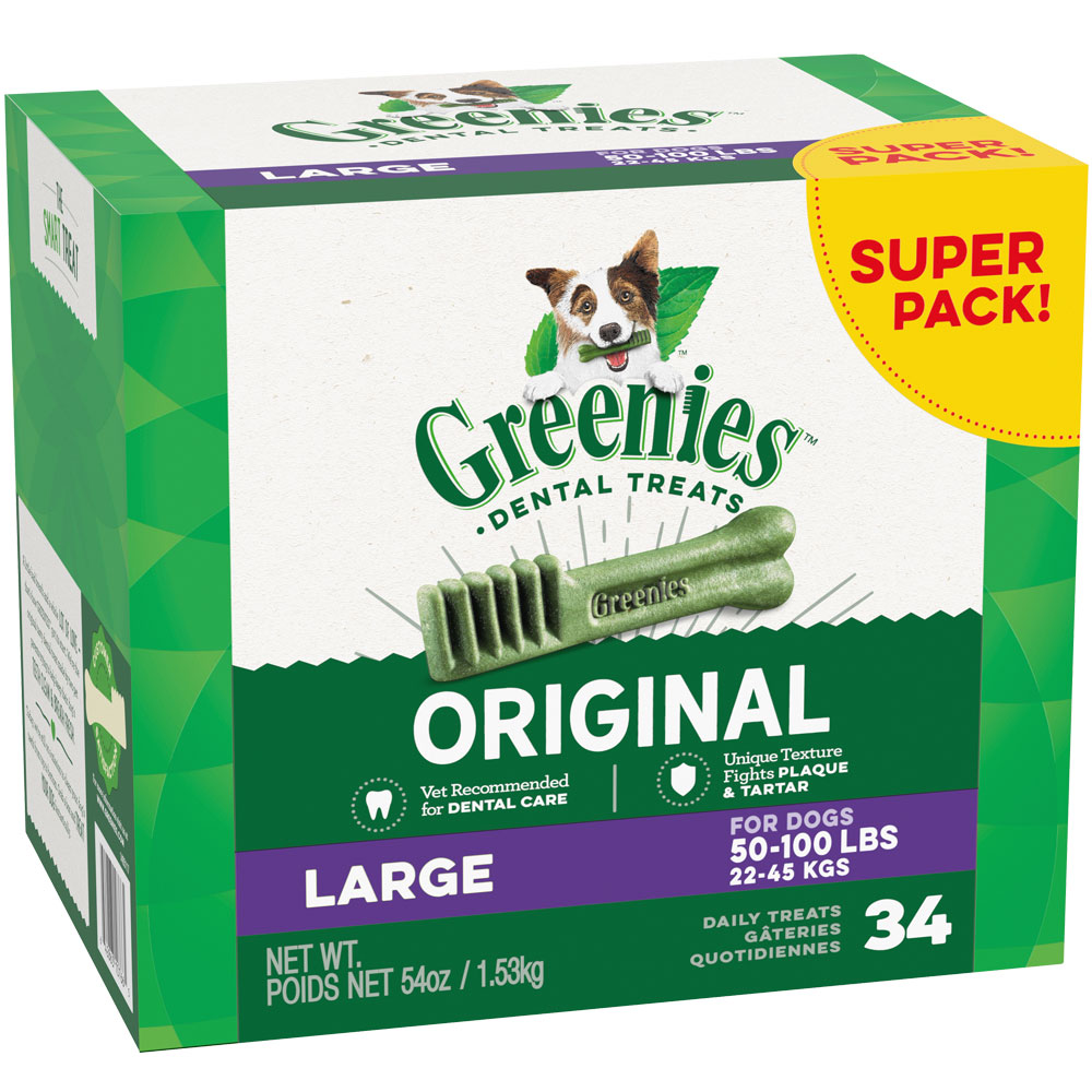 Greenies Original Large, sabor pollo, empaque frontal de 34 unidades