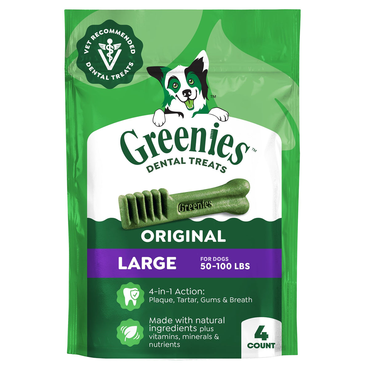 Greenies Original Large, sabor pollo, empaque frontal de 4 unidades