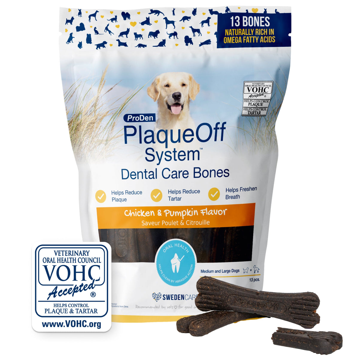 ProDen PlaqueOff Dental Care Bones, sabor Pollo y calabaza, bolsa de 13 unidades