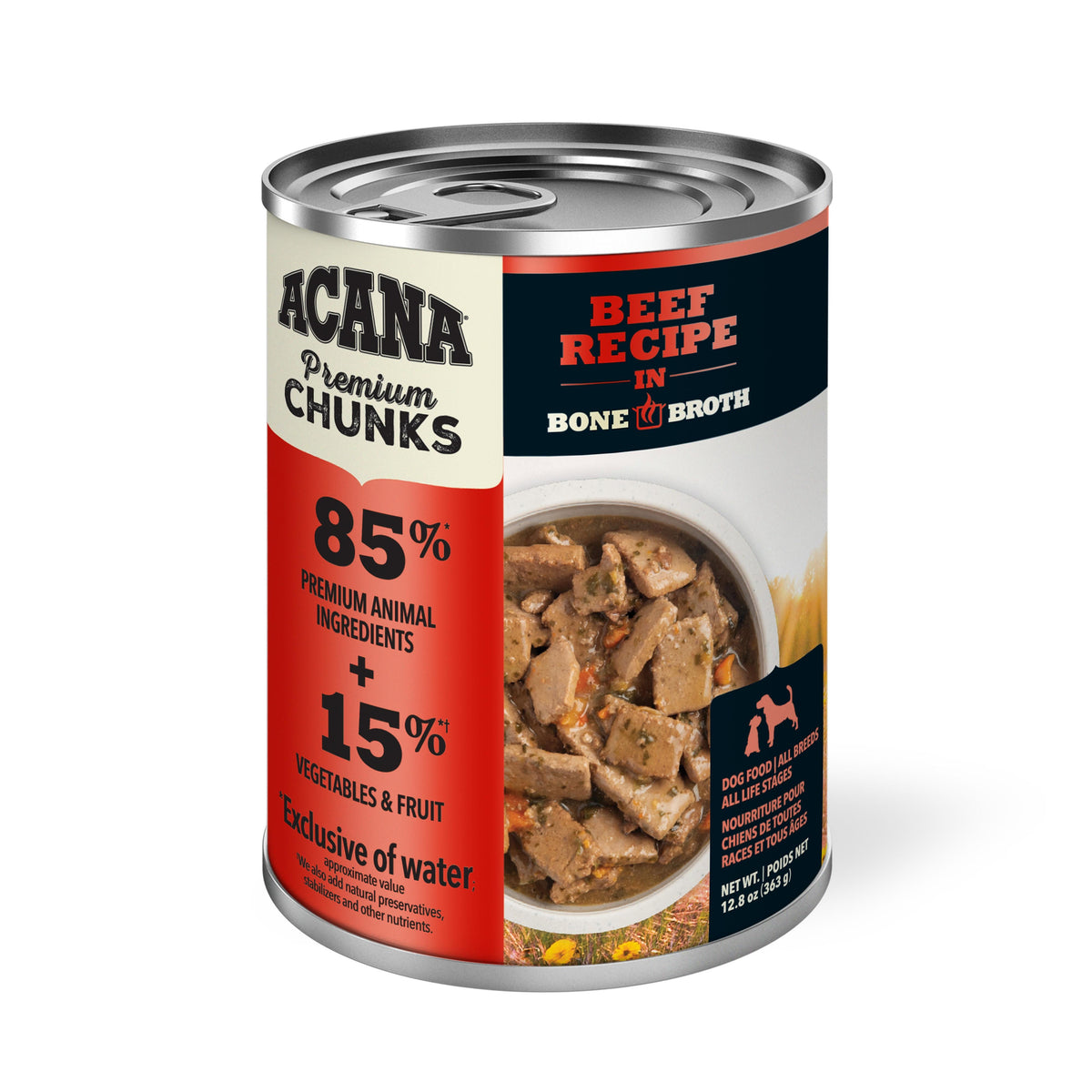 ACANA Premium Chunks res en caldo de huesos lata 363 g presentación 4 latas