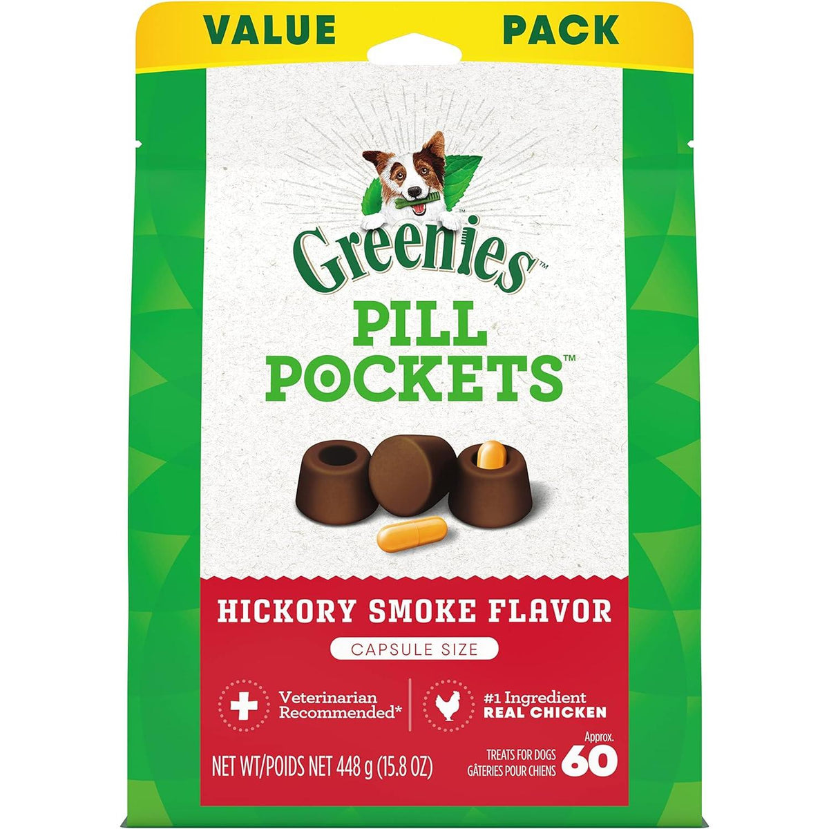 Greenies Pill Pockets Capsule Size para perros, 60 unidades, sabor ahumado Hickory