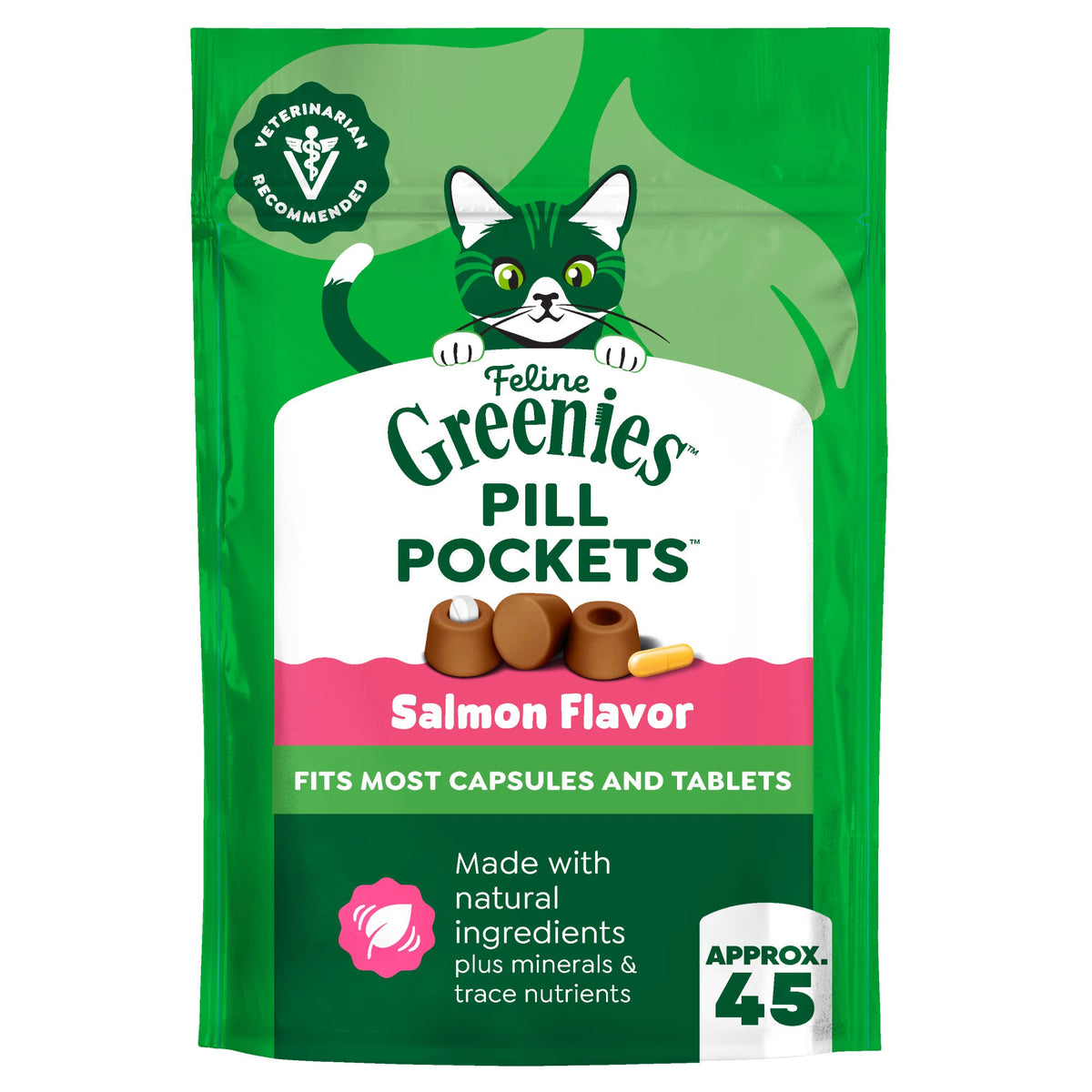 Greenies Pill Pockets gatos salmón, 45 premios, 1.6 oz, bolsa original