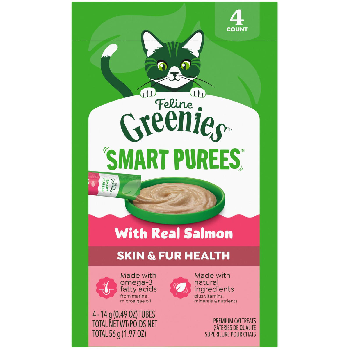 Greenies Smart Purees Skin & Fur Health salmón, paquete de 4 tubos de 14 g