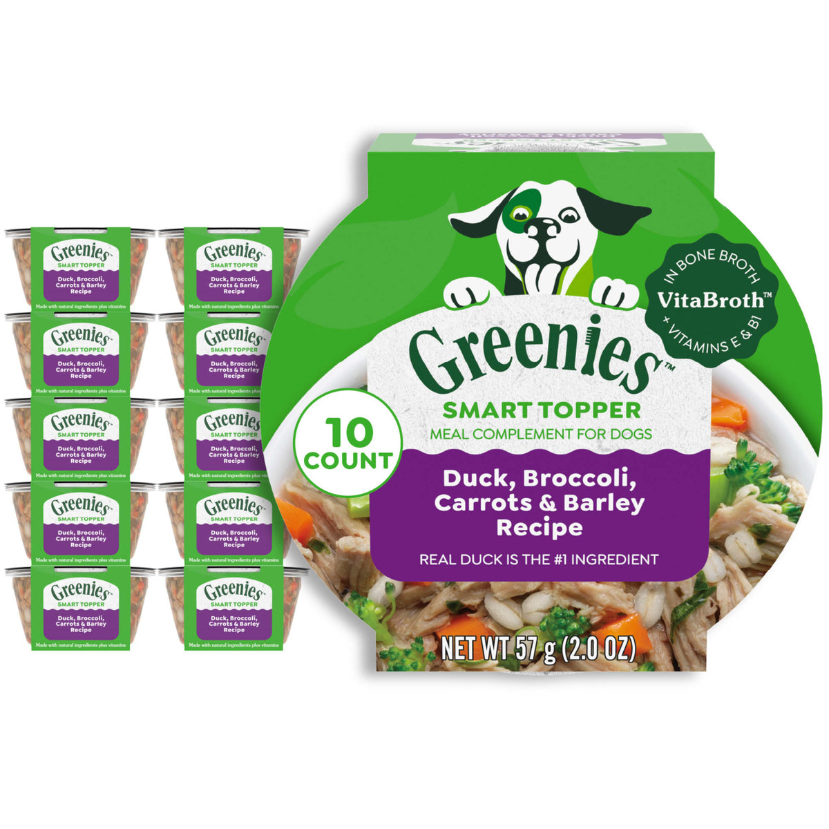 Greenies Smart Topper pato, brócoli, zanahorias y cebada, caja de 10 × 57 g