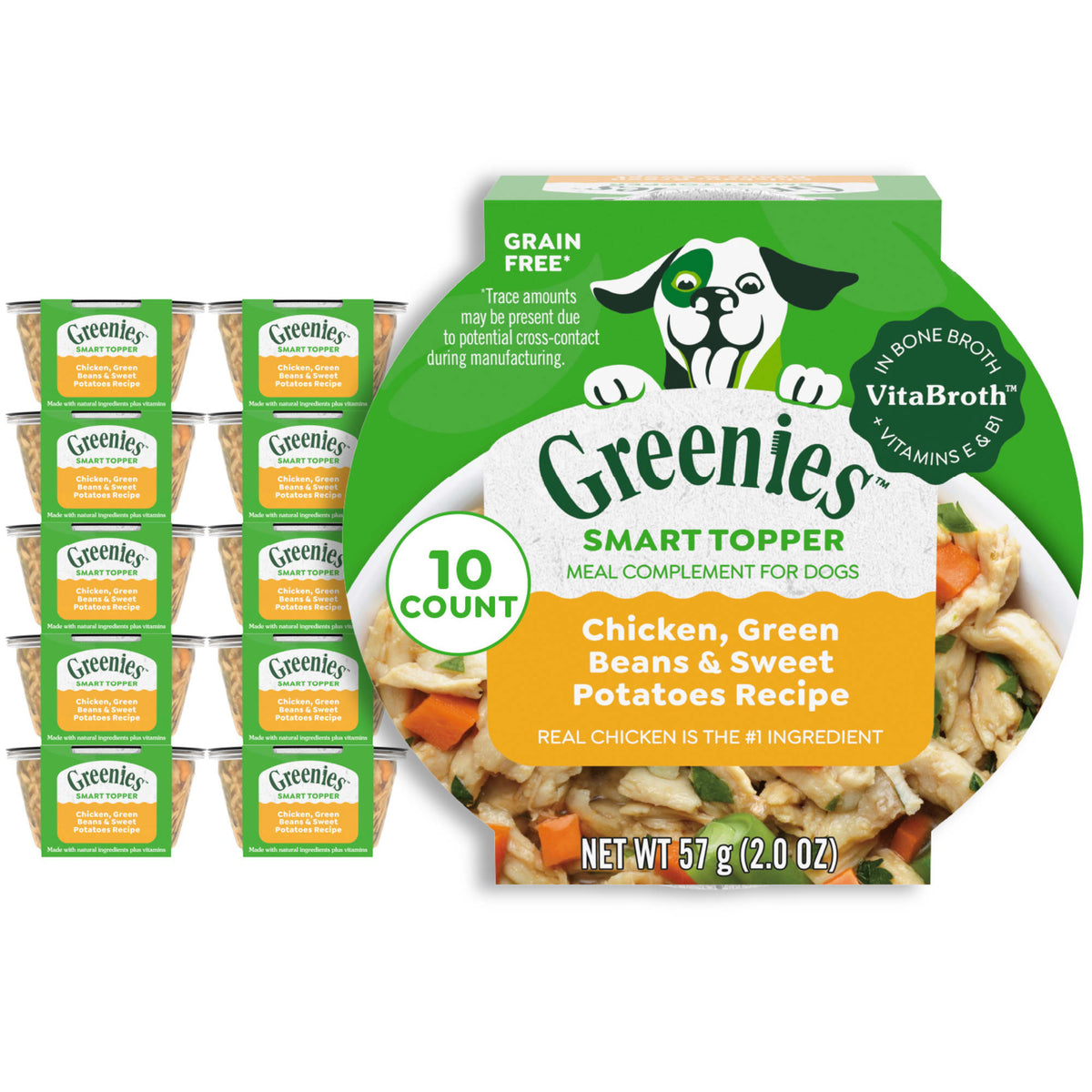 Greenies Smart Topper pollo, ejotes y camote, caja de 10 × 57 g