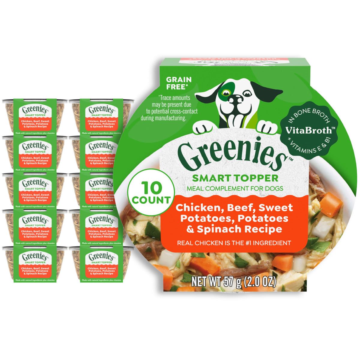 Greenies Smart Topper pollo, res, camote y espinaca, caja de 10 × 57 g