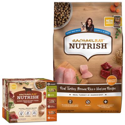 Bundle: Rachael Ray Nutrish Real Turkey, Brown Rice & Venison Recipe Dry Food + Variety Pack Wet Dog Food