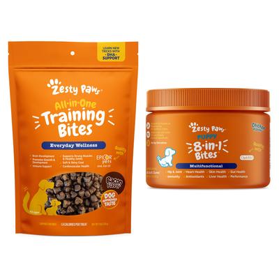 Bundle: Zesty Paws Puppy 8-in-1 Chicken Flavor Soft Chew Supplement, 90 count + All-in-One Bacon Flavored Dog Treats