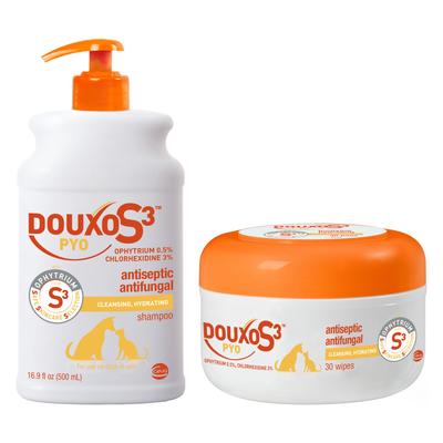 Bundle: Douxo S3 PYO Antiseptic Antifungal Chlorhexidine Wipes, 30 count + Dog & Cat Shampoo