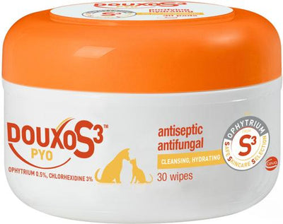 Paquete: Toallitas antisépticas y antimicóticas con clorhexidina Douxo S3 PYO (30 unidades) + Champú para perros y gatos