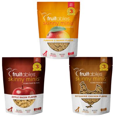 Paquete variado: Fruitables Skinny Minis, golosinas suaves y masticables para perros con sabor a calabaza y mango, con sabores a pollo, manzana y tocino.