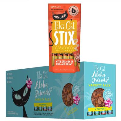 Bundle: Tiki Cat Stix Salmon in Gravy Grain-Free Wet Cat Treat, 0.5-oz pouch, pack of 6 + Tiki Cat Aloha Friends Variety Pack Grain-Free Wet Cat Food, 3-oz can, case of 12