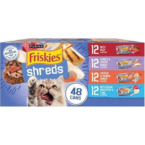 Comida enlatada para gatos Shreds in Gravy, paquete variado, lata de 5.5 oz, caja de 80