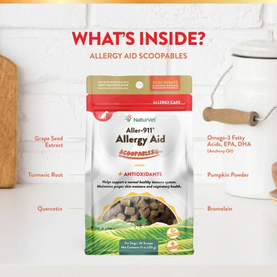 NaturVet, Aller-911 Allergy Aid Scoopable Tiny Bites, apoyo para alergias y piel de perros, sabor tocino ahumado, 312 g
