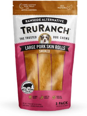 Pork Skin Rolls Smoky Flavored Natural Chew Dog Treats, Large, 3 count