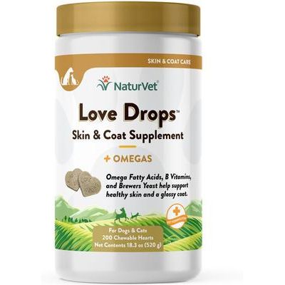 NaturVet, Love Drops Plus Omegas, tabletas con levadura de cerveza y omegas para perros y gatos, sabor mantequilla de cacahuate, 200 unidades