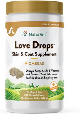 Love Drops Plus Omegas - Tabletas masticables con sabor a mantequilla de maní - Suplemento para la piel y el pelaje de gatos y perros, 200 comprimidos