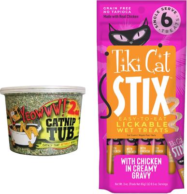 Bundle: Yeowww! Organic Catnip, 2-oz tub + Tiki Cat Stix Chicken Grain-Free Cat Food Topper, 3-oz pouch, pack of 6