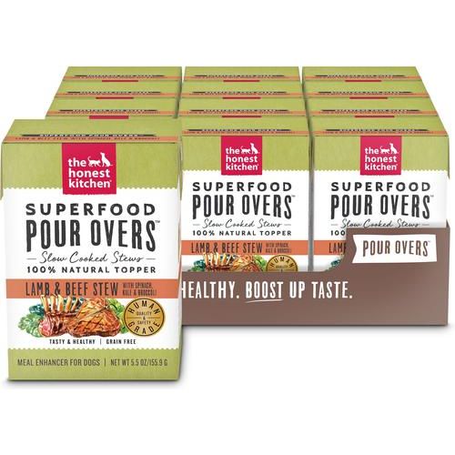 Superfood POUR OVERS - Alimento húmedo para perros con estofado de cordero y ternera con verduras, 5.5 oz, caja de 12