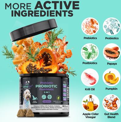 3-in-1 Digestive Probiotic Duck Flavored Soft Chew Supplement for Dogs, 90 count