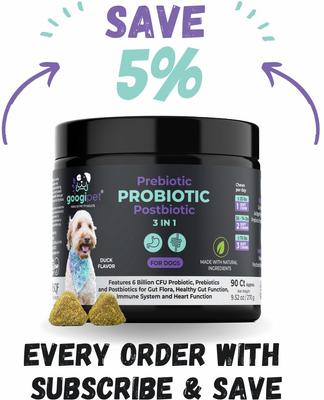 3-in-1 Digestive Probiotic Duck Flavored Soft Chew Supplement for Dogs, 90 count