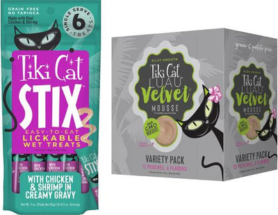 Bundle: Tiki Cat Velvet Mousse Variety Pack Grain-Free Wet Cat Food, 2.8-oz pouch, case of 12 + Tiki Cat Stix Chicken & Shrimp in Creamy Gravy Grain-Free Wet Cat Treat, 0.5-oz pouch, pack of 6